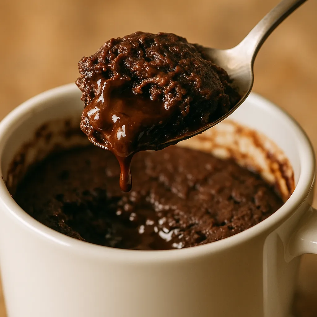 Spoon lifting a gooey fudgy bite from a chocolate protein mug cake