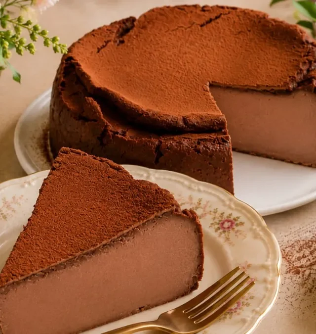 3 ingredient chocolate cheesecake dusted with cocoa, whole and sliced