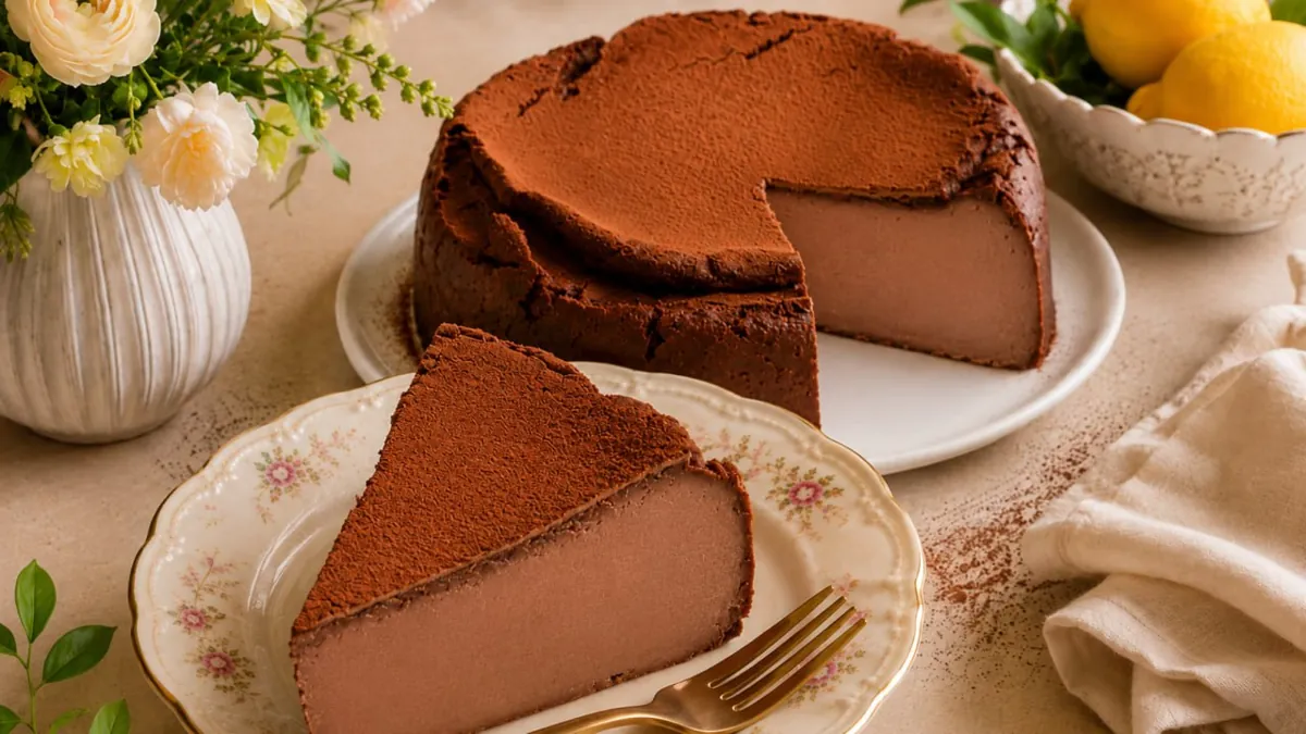 Easy Homemade Recipes 7 3 ingredient chocolate cheesecake dusted with cocoa, whole and sliced