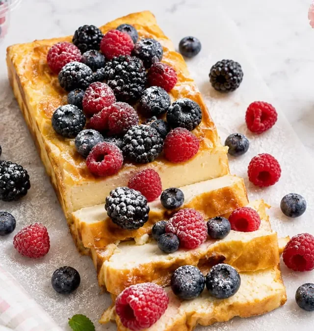 3 ingredient yogurt cake topped with fresh berries and powdered sugar