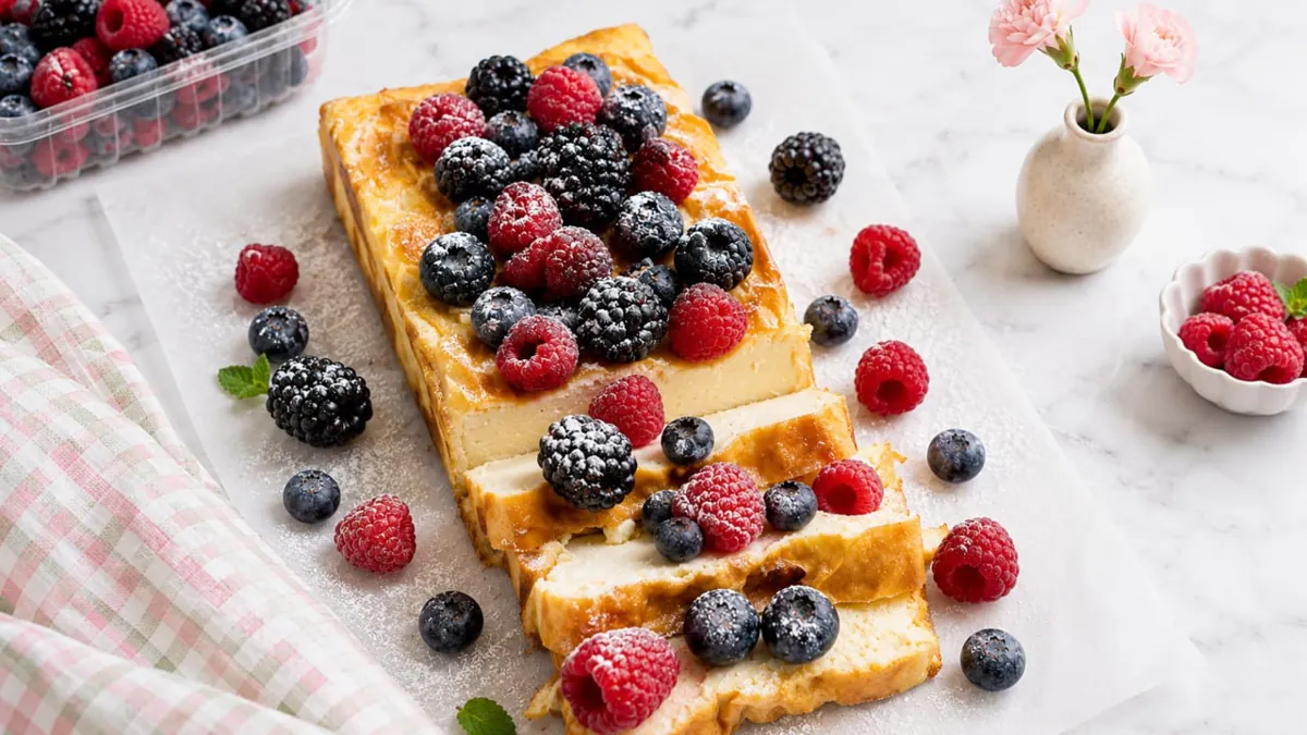 3 ingredient yogurt cake topped with fresh berries and powdered sugar