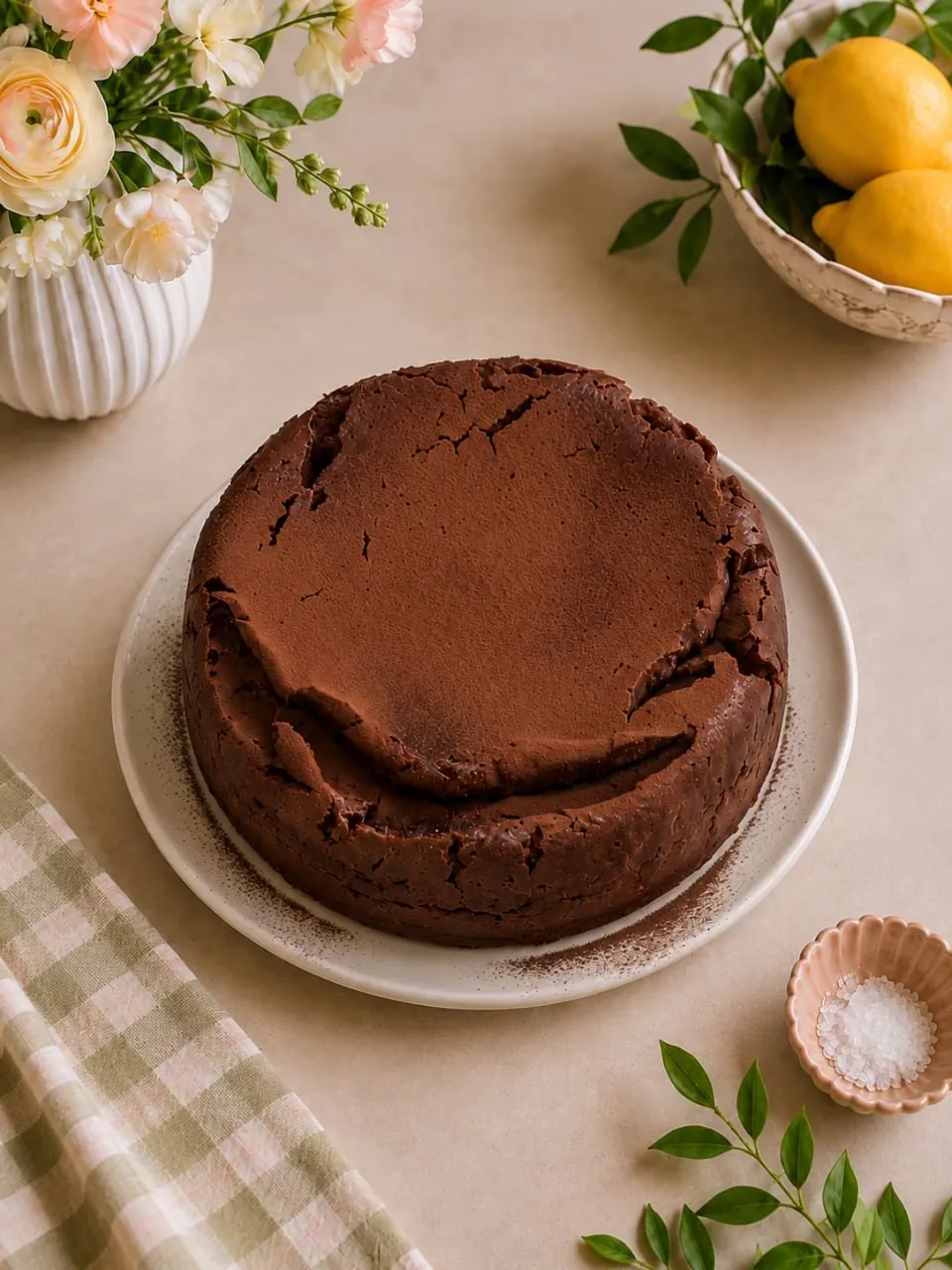 Baked chocolate cheesecake dusted with cocoa on a white plate