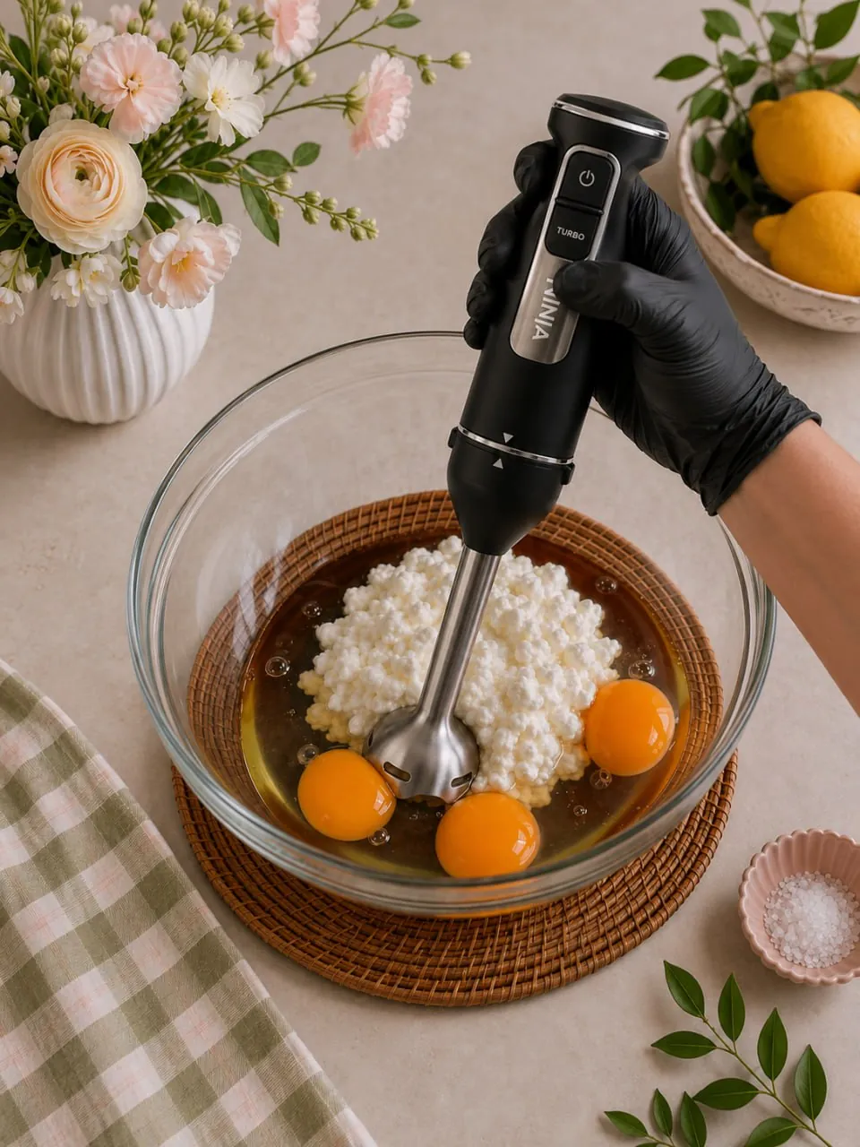 Blending cottage cheese and eggs with an immersion blender