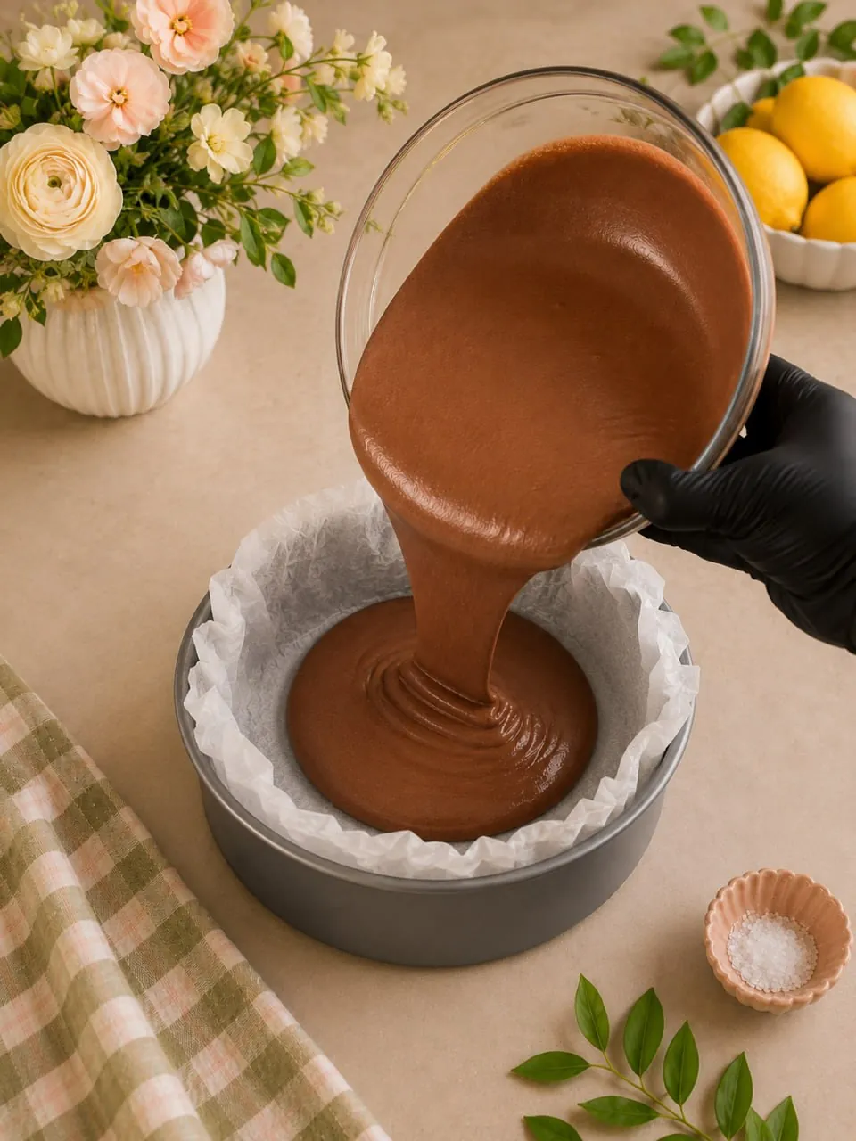Pouring chocolate cheesecake batter into a parchment-lined pan