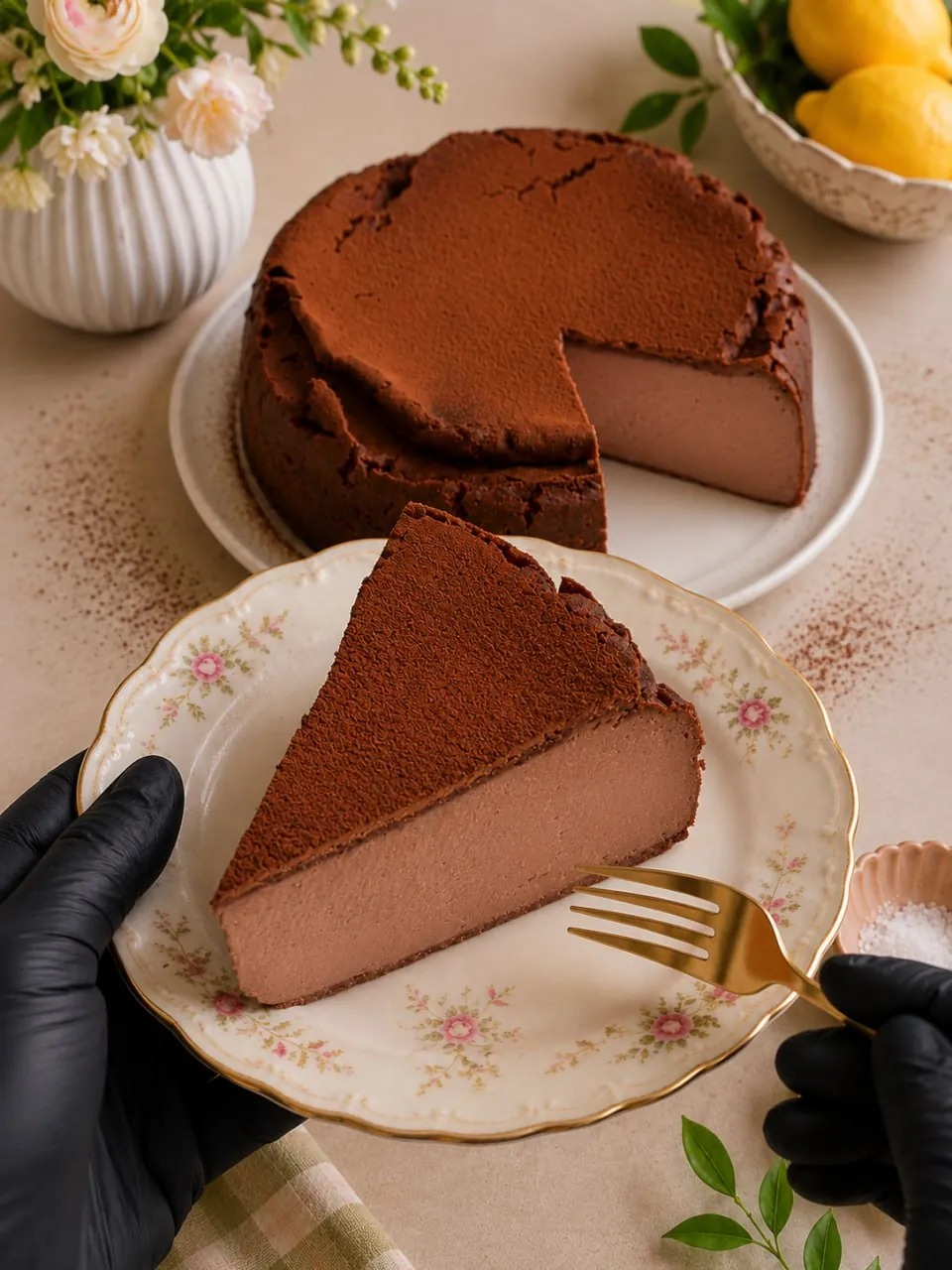 Slice of 3 ingredient chocolate cheesecake on a floral plate with a gold fork
