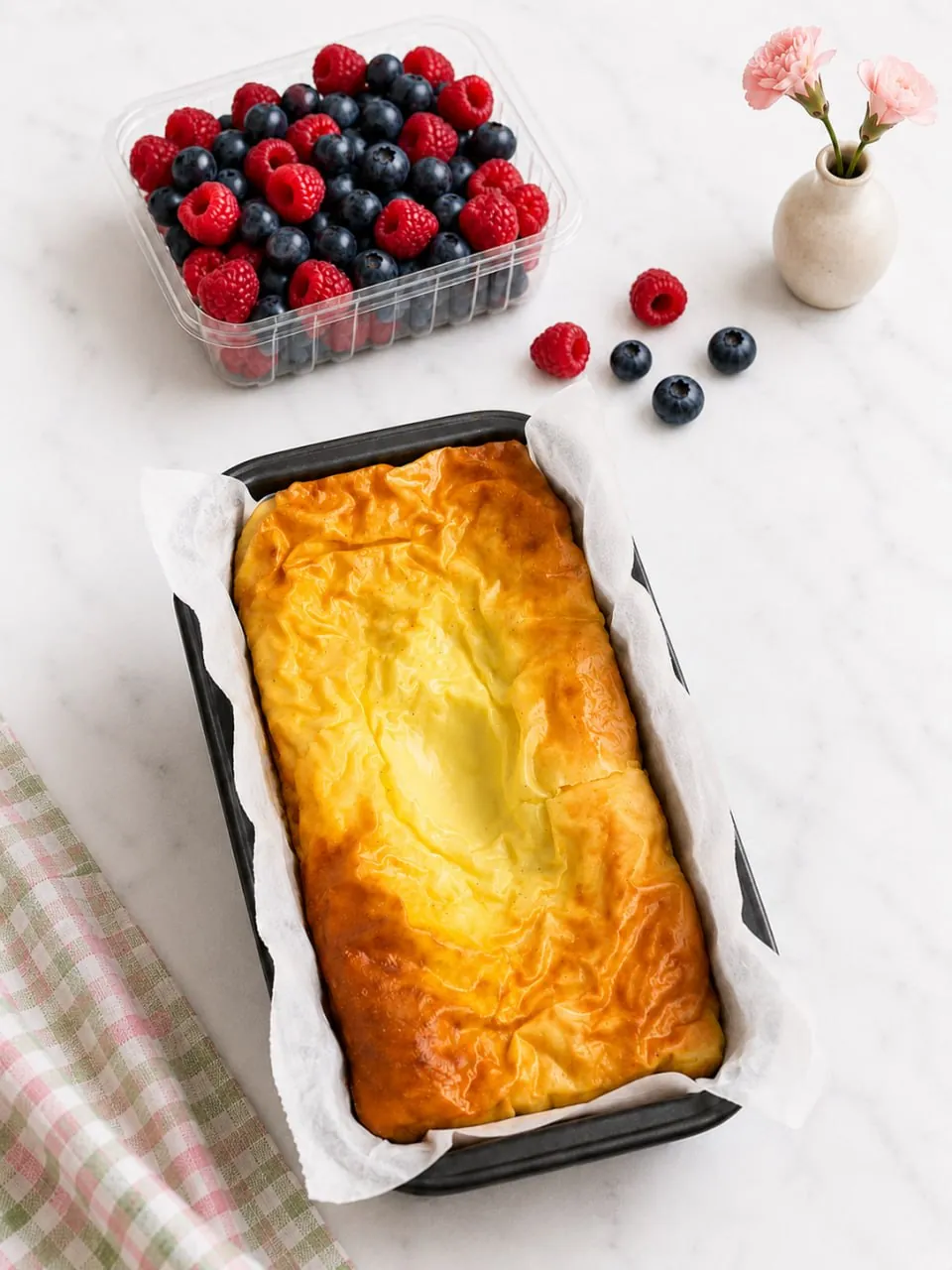 Golden baked yogurt cake in a parchment-lined loaf pan