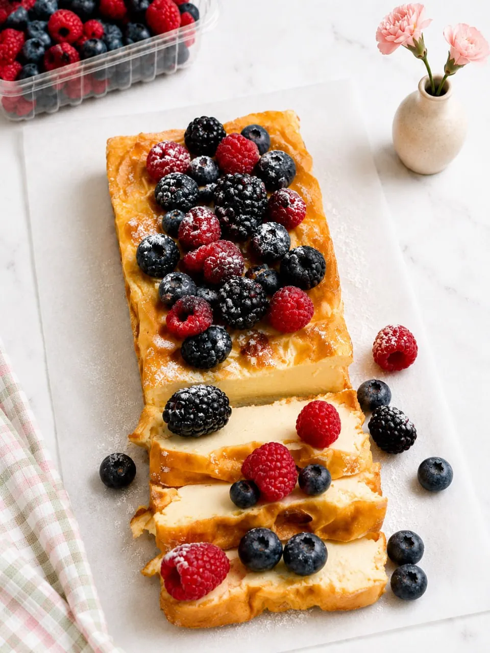 Sliced 3 ingredient yogurt cake loaf topped with raspberries, blueberries and blackberries
