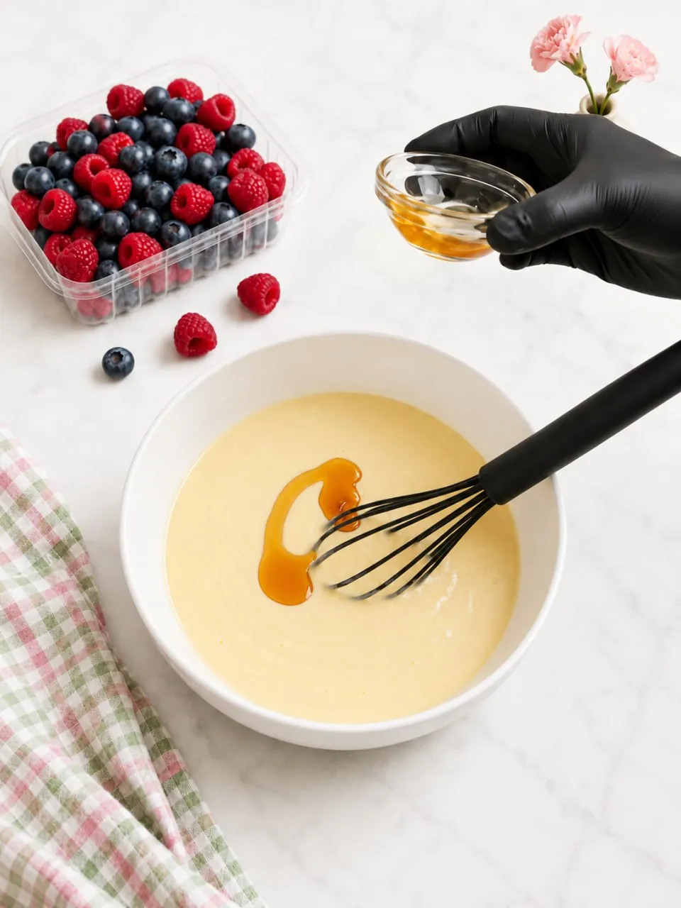 Whisking smooth yogurt cake batter with a drizzle of honey