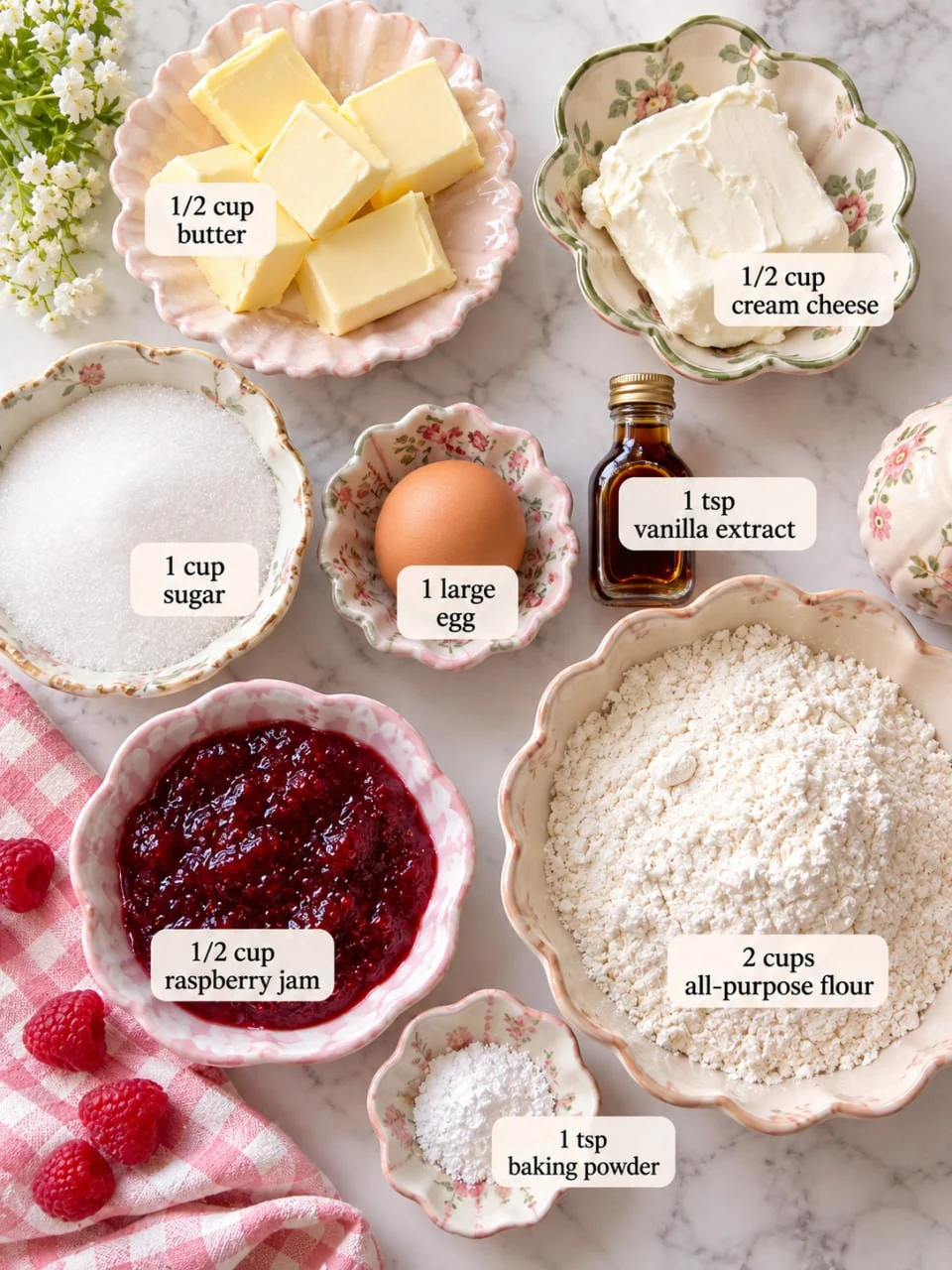 Raspberry Cream Cheese Cookies for Christmas 9 butter-cream-cheese-sugar-egg-flour-and-raspberry-jam-measured-out