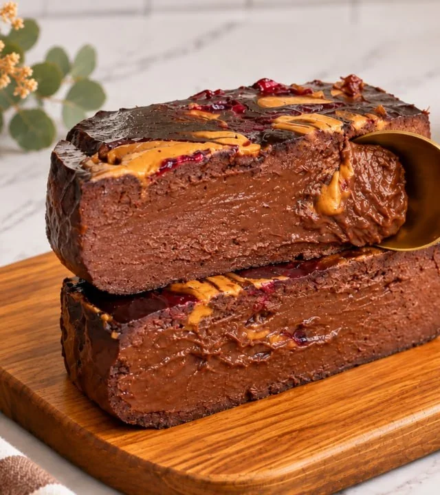 creamy-slices-of-high-protein-chocolate-banana-cheesecake-with-a-gold-spoon