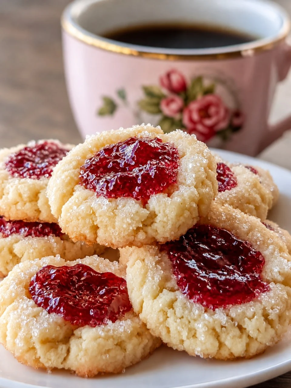 Raspberry Cream Cheese Cookies for Christmas 8 raspberry-cream-cheese-cookies-on-a-white-plate-with-coffee